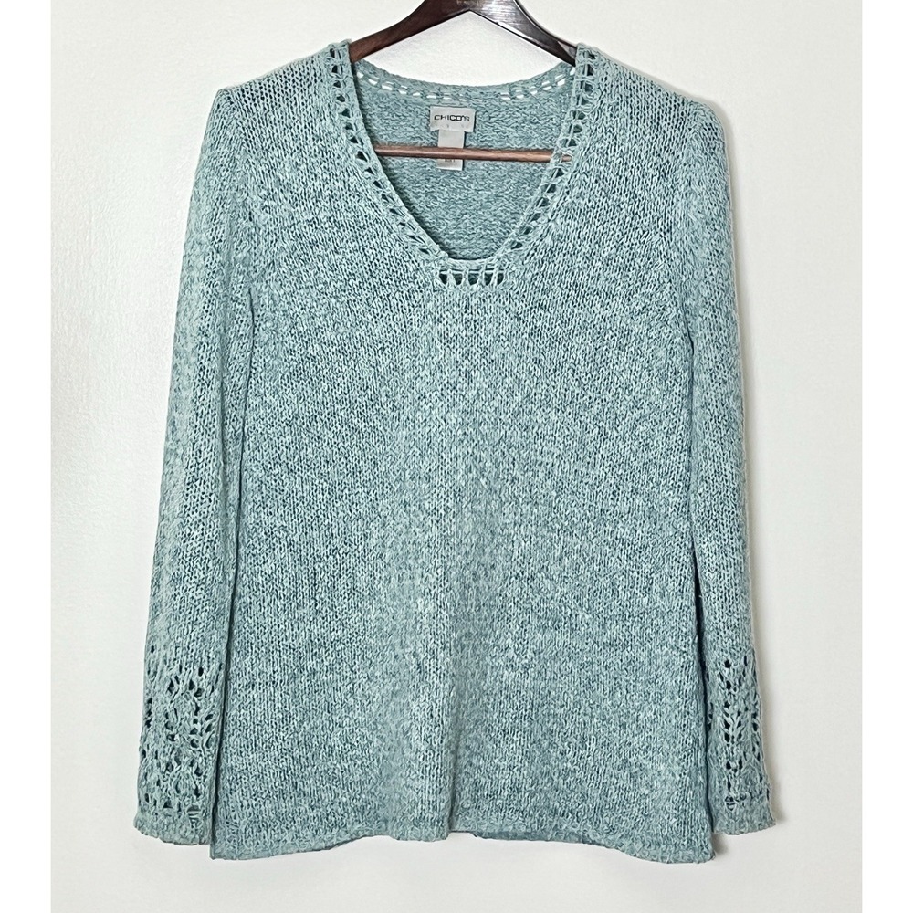 Chico's Knit Sweater Size 1 Aqua Blue Square Neck Folk Punk Emo